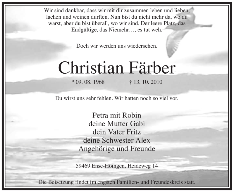  Traueranzeige für Christian Färber vom 21.10.2010 aus WESTFÄLISCHER ANZEIGER