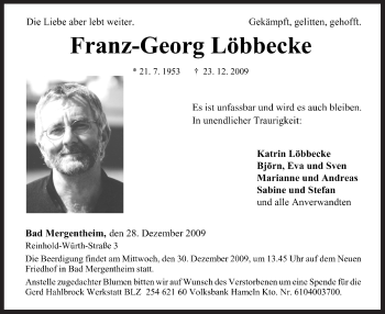 Todesanzeige von Franz-Georg Löbbecke von WESTFÄLISCHER ANZEIGER