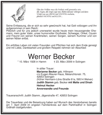 Todesanzeige von Werner Becker von WESTFÄLISCHER ANZEIGER
