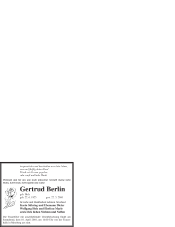 Todesanzeige von Gertrud Berlin von WESTFÄLISCHER ANZEIGER