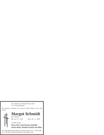 Todesanzeige von Margot Schmidt von WESTFÄLISCHER ANZEIGER