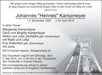 Todesanzeige von Johannes Kampmeyer von MZV