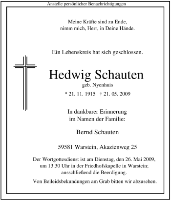 Todesanzeige von Hedwig Schauten von WESTFÄLISCHER ANZEIGER