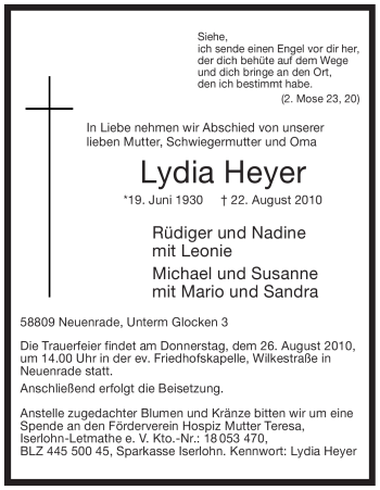 Todesanzeige von Lydia Heyer von WESTFÄLISCHER ANZEIGER