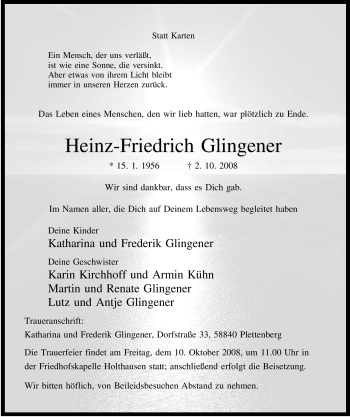 Todesanzeige von Heinz-Friedrich Glingener von WESTFÄLISCHER ANZEIGER