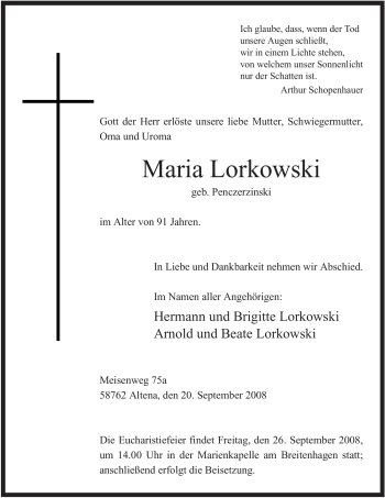 Todesanzeige von Maria Lorkowski von WESTFÄLISCHER ANZEIGER