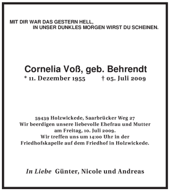 Todesanzeige von Cornelia Voß von WESTFÄLISCHER ANZEIGER