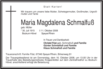 Todesanzeige von Maria Magdalena Schmalfuß von WESTFÄLISCHER ANZEIGER