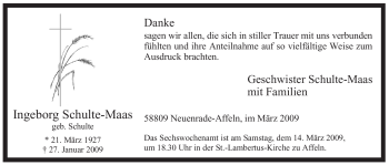 Todesanzeige von Ingeborg Schulte-Maas von WESTFÄLISCHER ANZEIGER
