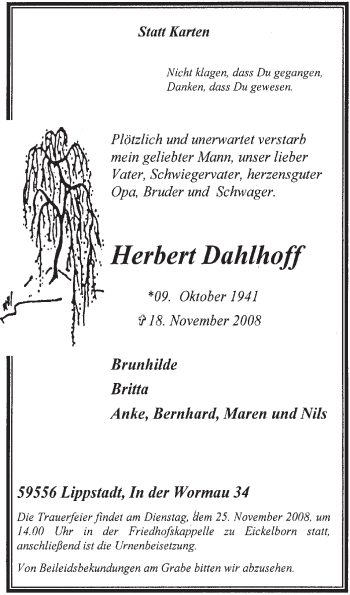 Todesanzeige von Herbert Dahlhoff von WESTFÄLISCHER ANZEIGER