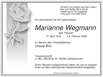 Todesanzeige von Marianne Wegmann von WESTFÄLISCHER ANZEIGER