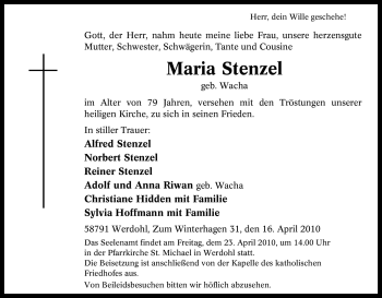 Todesanzeige von Maria Stenzel von WESTFÄLISCHER ANZEIGER