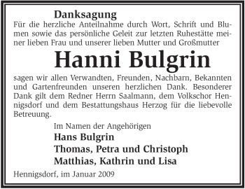 Todesanzeige von Hanni Bulgrin von WESTFÄLISCHER ANZEIGER