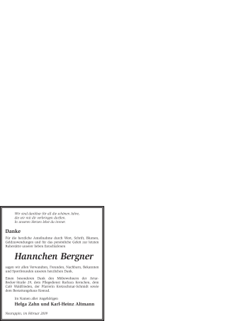 Todesanzeige von Hannchen Bergner von WESTFÄLISCHER ANZEIGER