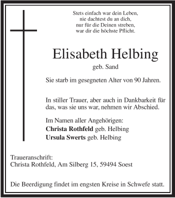 Todesanzeige von Elisabeth Helbing von WESTFÄLISCHER ANZEIGER