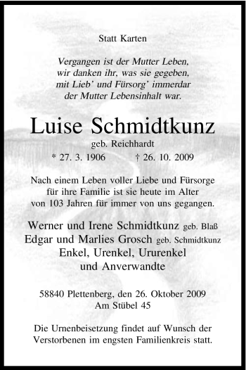 Todesanzeige von Luise Schmidtkunz von WESTFÄLISCHER ANZEIGER