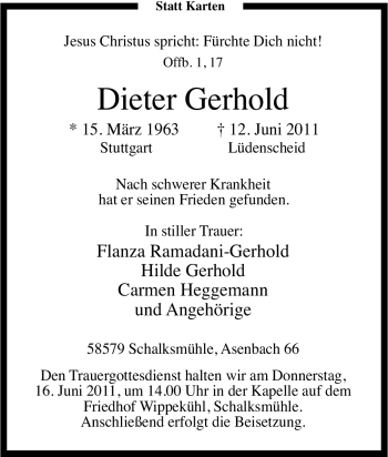 Todesanzeige von Dieter Gerhold von WESTFÄLISCHER ANZEIGER
