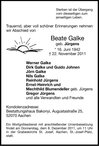 Todesanzeige von Beate Galke von WESTFÄLISCHER ANZEIGER
