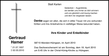 Todesanzeige von Gertraud Hamer von WESTFÄLISCHER ANZEIGER