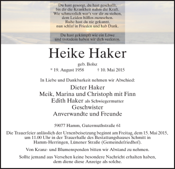 Todesanzeige von Heike Haker von MZV