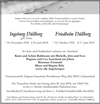 Todesanzeige von Ingeburg und Friedhelm Düllberg von MZV