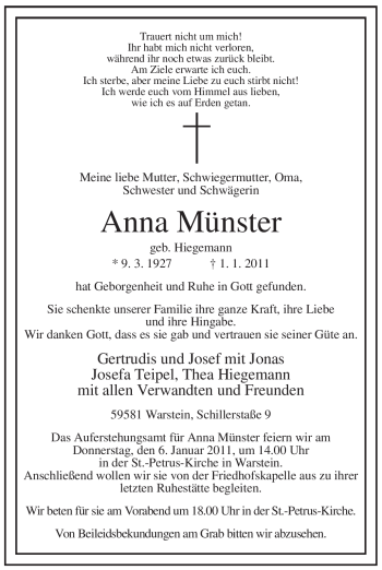 Todesanzeige von Anna Münster von WESTFÄLISCHER ANZEIGER