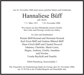 Todesanzeige von Hannaliese Büff von WESTFÄLISCHER ANZEIGER