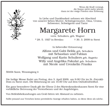 Todesanzeige von Margarete Horn von WESTFÄLISCHER ANZEIGER