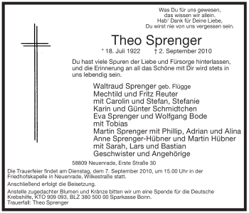 Todesanzeige von Theo Sprenger von WESTFÄLISCHER ANZEIGER