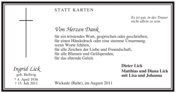 Todesanzeige von Ingrid Lick von WESTFÄLISCHER ANZEIGER
