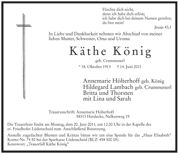 Todesanzeige von Käthe König von WESTFÄLISCHER ANZEIGER