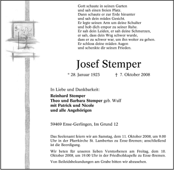 Todesanzeige von Josef Stemper von WESTFÄLISCHER ANZEIGER