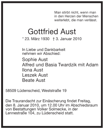 Todesanzeige von Gottfried Aust von WESTFÄLISCHER ANZEIGER