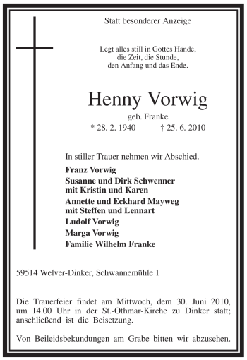 Todesanzeige von Henny Vorwig von WESTFÄLISCHER ANZEIGER