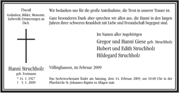 Todesanzeige von Hanni Struchholz von WESTFÄLISCHER ANZEIGER
