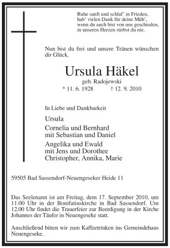 Todesanzeige von Ursula Häkel von WESTFÄLISCHER ANZEIGER