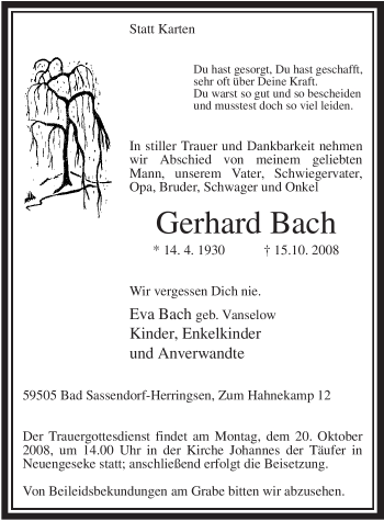 Todesanzeige von Gerhard Bach von WESTFÄLISCHER ANZEIGER
