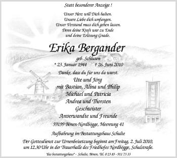 Todesanzeige von Erika Bergander von WESTFÄLISCHER ANZEIGER