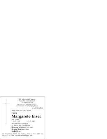 Todesanzeige von Margarete Insel von WESTFÄLISCHER ANZEIGER