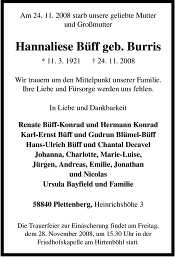 Todesanzeige von Hannaliese Büff von WESTFÄLISCHER ANZEIGER