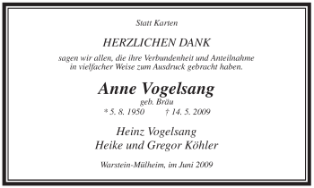Todesanzeige von Anne Vogelsang von WESTFÄLISCHER ANZEIGER