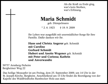 Todesanzeige von Maria Schmidt von WESTFÄLISCHER ANZEIGER