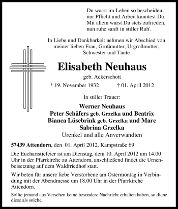 Todesanzeige von Elisabeth Neuhaus von WESTFÄLISCHER ANZEIGER