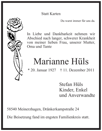 Todesanzeige von Marianne Hüls von WESTFÄLISCHER ANZEIGER