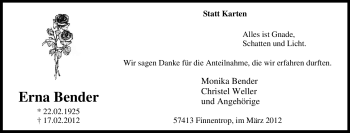 Todesanzeige von Erna Bender von WESTFÄLISCHER ANZEIGER