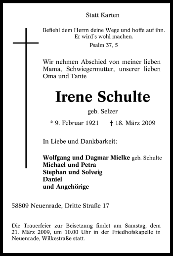 Todesanzeige von Irene Schulte von WESTFÄLISCHER ANZEIGER