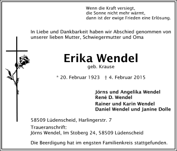 Todesanzeige von Erika Wendel von MZV
