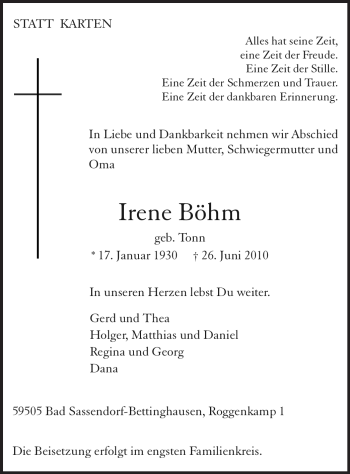 Todesanzeige von Irene Böhm von WESTFÄLISCHER ANZEIGER