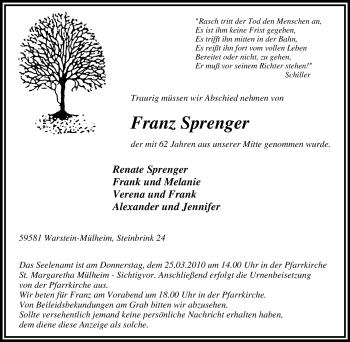 Todesanzeige von Franz Sprenger von WESTFÄLISCHER ANZEIGER