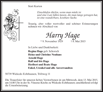 Todesanzeige von Harry Hage von MZV